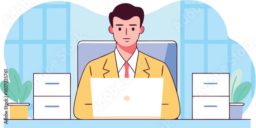 Businessman Working at Laptop in Modern Office: Productivity, Employee, Workplace Illustration