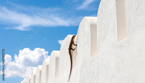 Lizard on a white wall under a vibrant sky