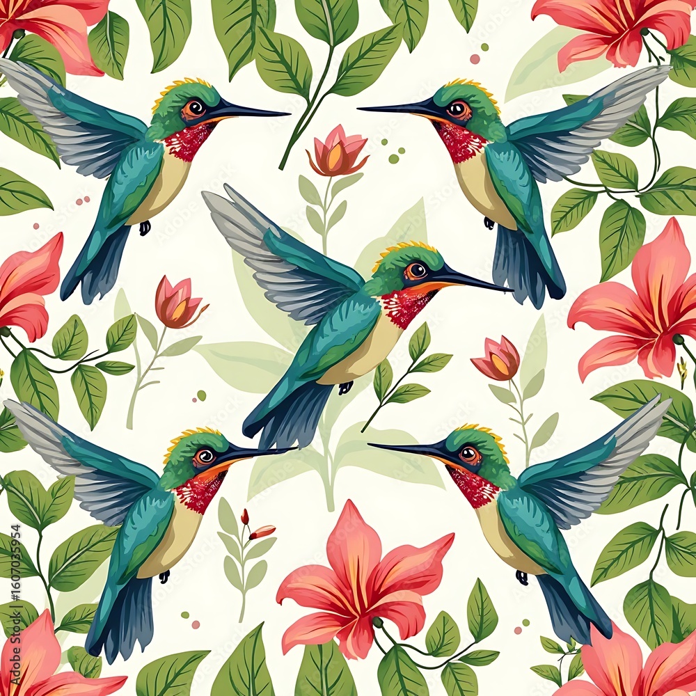 Naklejka premium Hummingbirds Flying Among Flowers and Leaves Seamless Pattern
