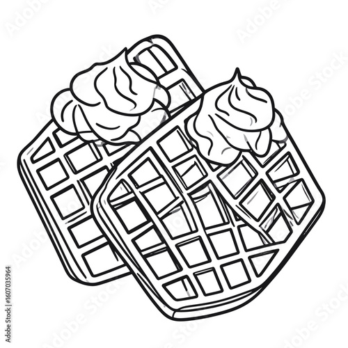 Hand-drawn sketch of two stacked Belgian waffles with creamy whipped topping.