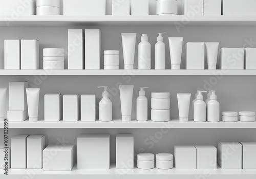 White shelves display a variety of blank, unlabeled cosmetic and skincare product containers, including tubes, bottles, jars, and boxes, arranged in a clean, minimalist setting.
