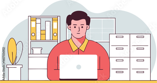 Businessman Working Laptop Office Desk Illustration