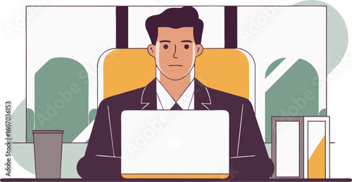 Businessman Working on Laptop: Professional Office Illustration