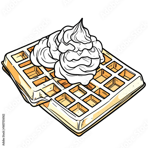 Golden Belgian waffle with whipped cream in a bold, graphic comic book style.