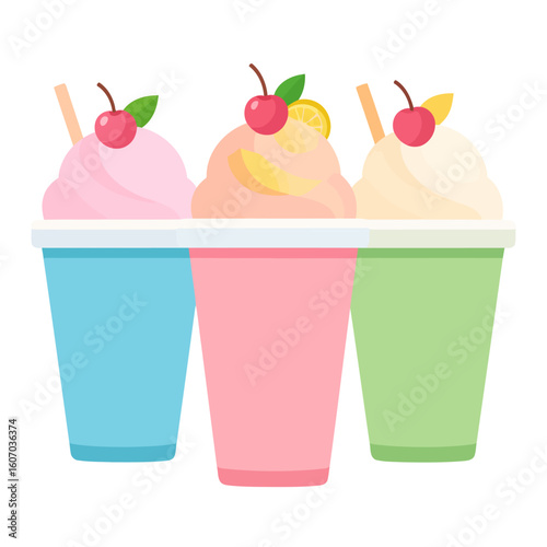 Trio of colorful fruit milkshakes in pastel cups with whipped cream and cherry toppings.