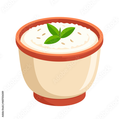 A beige and orange ceramic bowl of creamy white food, garnished with fresh green leaves and seeds.