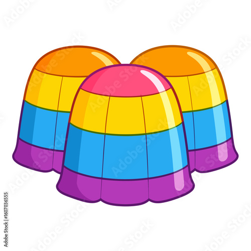 Three colorful striped jelly puddings with glossy highlights and scalloped edges.