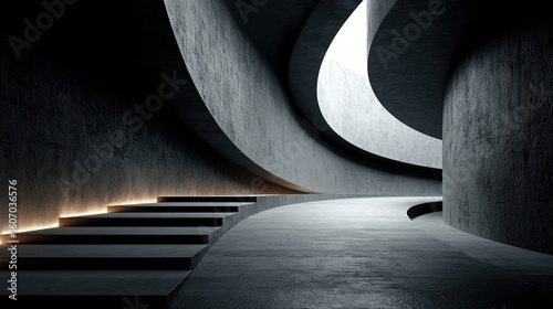 Close-up of the curved wall design, showcasing an architectural photography style with a monochromatic background. 