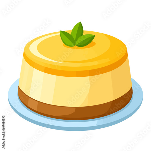 Round layered cheesecake with a glossy golden glaze and fresh mint garnish.