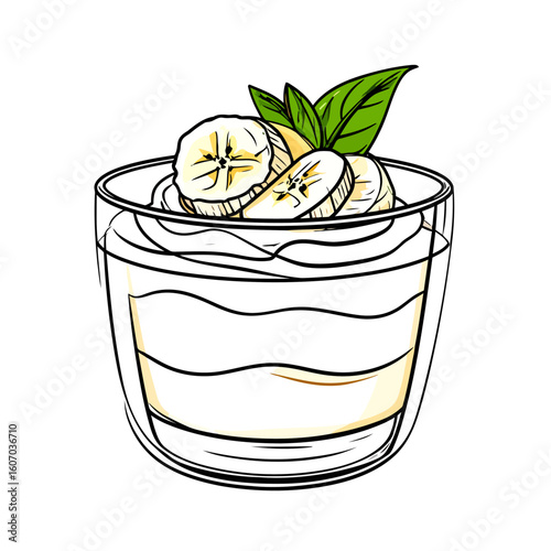 Artistic sketch of a layered banana cream pudding in a glass with fresh mint.