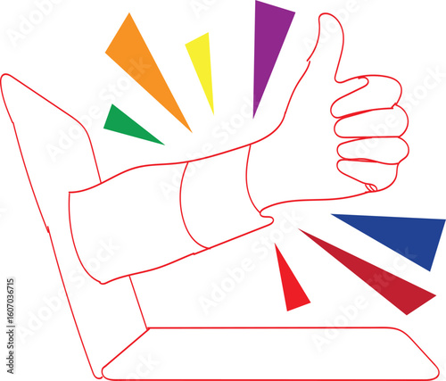 Digital thumbs up approval for social media marketing and online success with rainbow colors