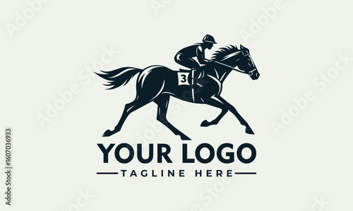 Silhouette of a racehorse with jockey, galloping at full speed, with logo text.