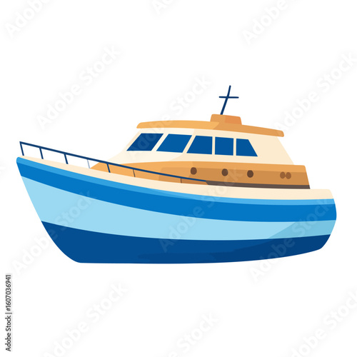 Stylized cartoon motor yacht with a blue striped hull and a tan cabin