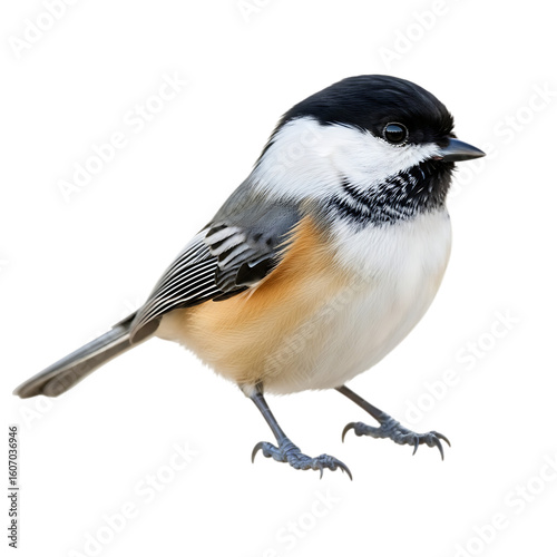 Black capped chickadee perched on a black background