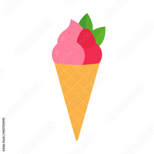 Flat design illustration of a pink and red ice cream in a waffle cone with mint leaves.