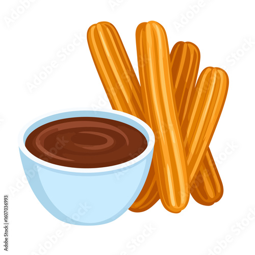 Crispy golden churros with ridged texture served with a bowl of melted chocolate sauce.