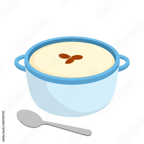Creamy porridge in a light blue bowl with a brown seed garnish and a silver spoon.