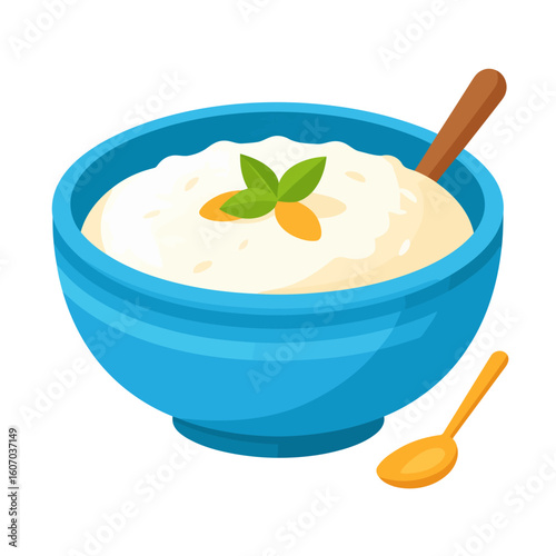 Healthy breakfast porridge in a blue bowl with mint leaves and a spoon.