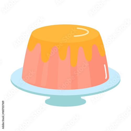 A pink fluted pudding with a dripping yellow glaze, served on a light blue pedestal stand.