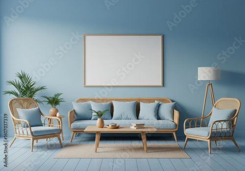 A high-quality 3D render mockup frame in a stylish blue living room interior, featuring wooden rattan furniture for a natural, modern aesthetic. Perfect for showcasing artwork, photos, or digital desi