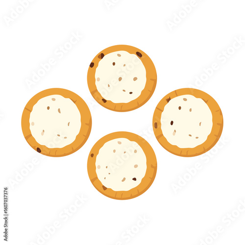 Set of four round golden crackers with a creamy white spread topping, flat vector illustration.