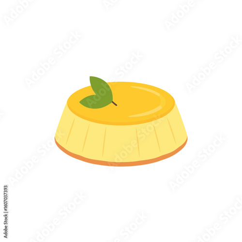 A smooth yellow custard pudding with a glossy glaze, fluted sides, and a fresh green leaf garnish.