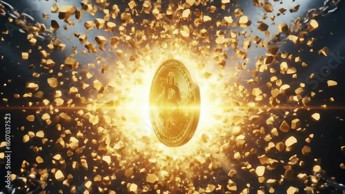 A glowing gold Bitcoin coin violently explodes into thousands of tiny fragments symbolizing the high risk volatility and potential for a catastrophic crash in the cryptocurrency market