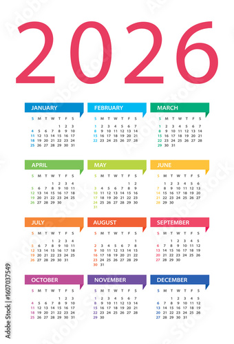 2026 year calendar - vector Illustration. Week starts on Sunday