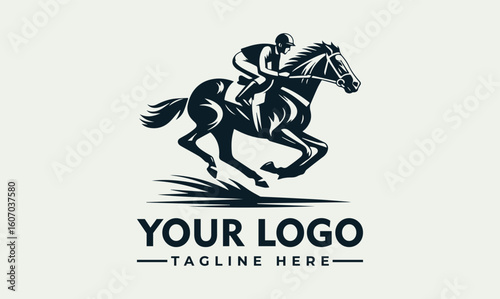 A jockey riding a horse at full speed, depicted in a stylized, monochrome vector illustration.