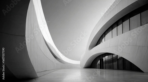 Close-up of the curved exterior walls, showcasing their elegant curves and minimalist design elements. 