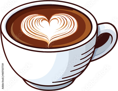 White ceramic cup filled with rich brown coffee featuring latte art heart design style vector illustration EPS file download	
