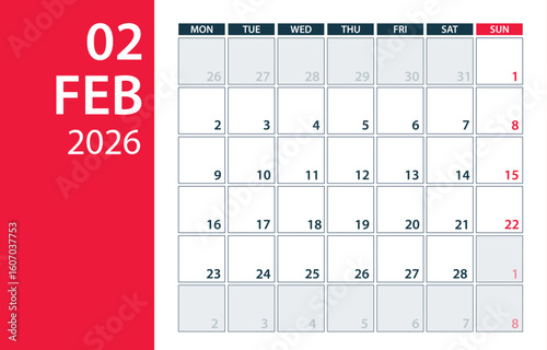 February 2026 Calendar Planner - vector illustration. Template. Mock up