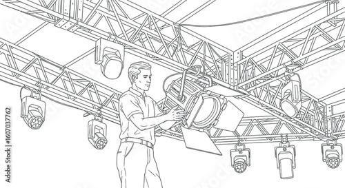 Stage Lighting Technician Adjusting Spotlight on Truss System - Line Art Illustration
