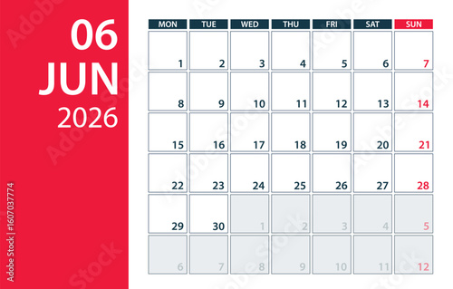 June 2026 Calendar Planner - vector illustration. Template. Mock up
