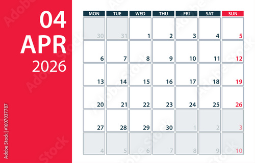April 2026 Calendar Planner - vector illustration. Template. Mock up