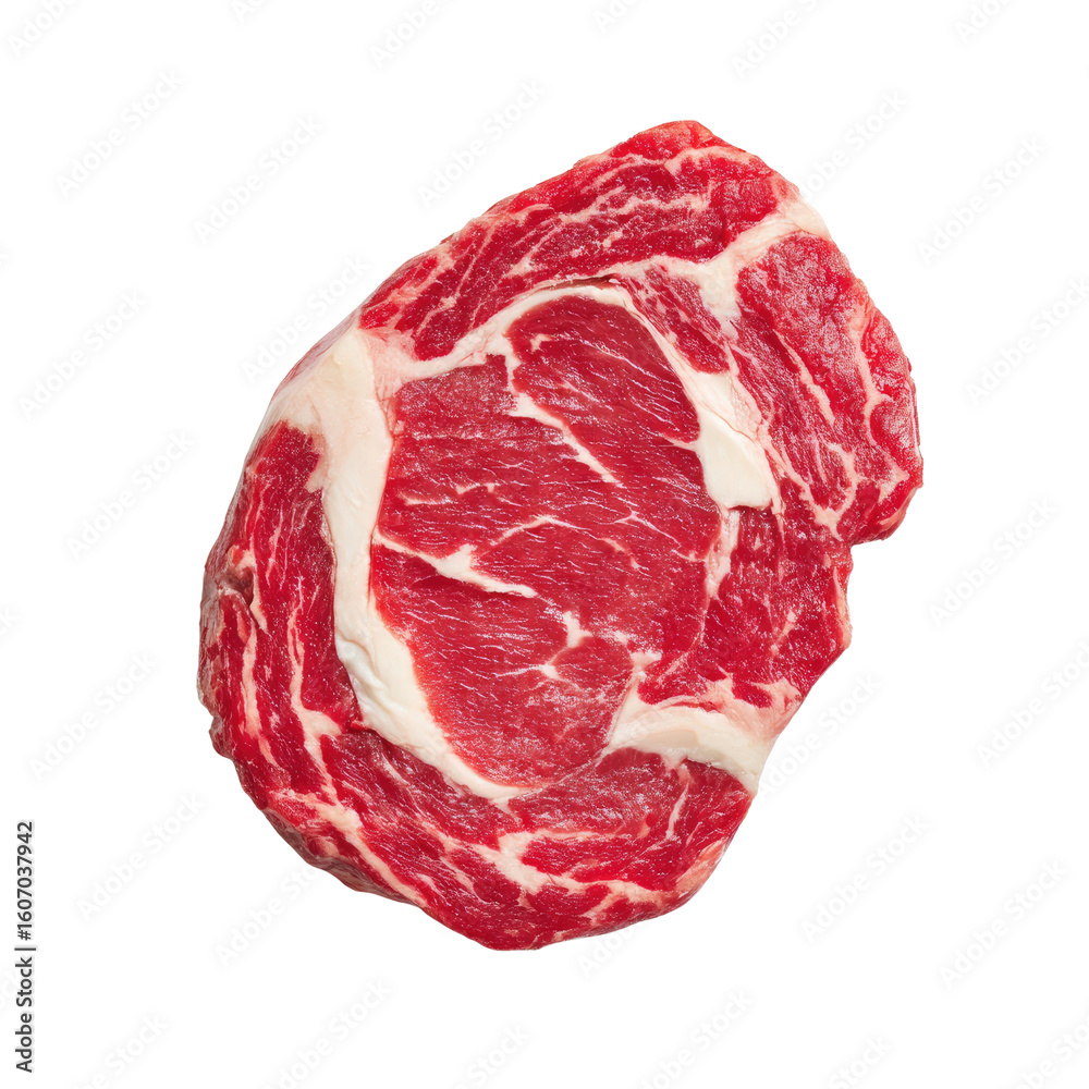 Obraz premium Fresh Raw Ribeye Steak with Marbled Fat and Rich Red Color Isolated on White Background for Culinary Use