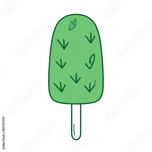 A hand-drawn green cactus popsicle with stylized thorn patterns.