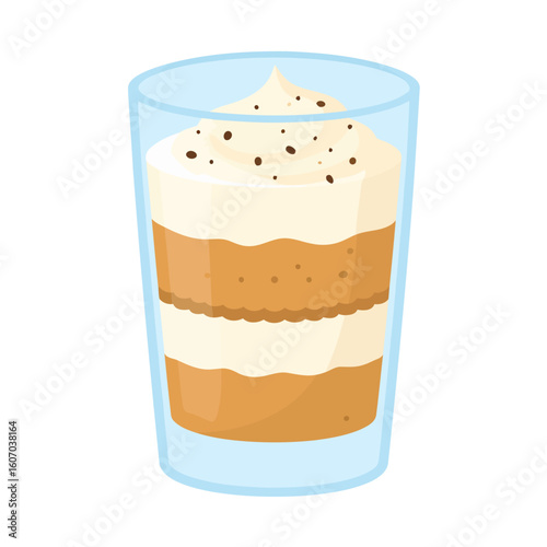 Creamy layered dessert parfait in a tall glass, topped with whipped cream and chocolate sprinkles.