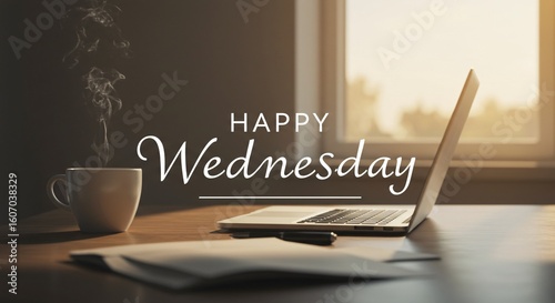 happy wednesday with coffee cup and laptop