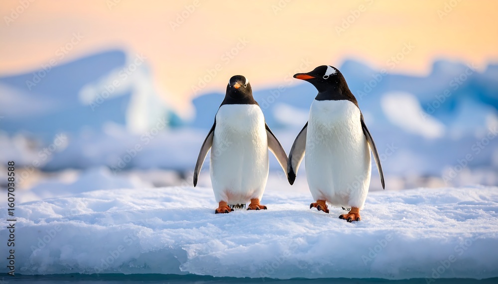 Naklejka premium Two penguins on ice at dawn