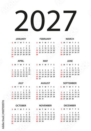 Calendar 2027 - illustration. Week starts on Sunday. Calendar Set for 2027 year