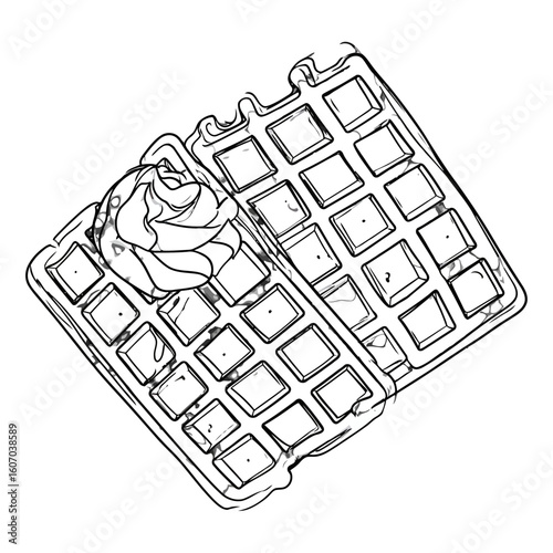 Hand-drawn sketch of a folded Belgian waffle with a rosette of whipped cream.