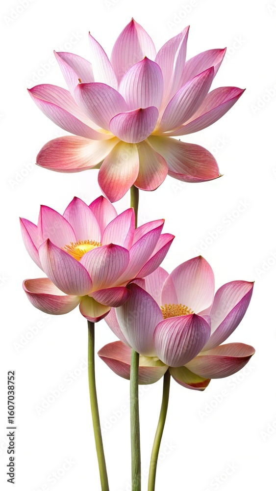 Fototapeta premium Three elegant pink lotus flowers on a clean white background, closeup