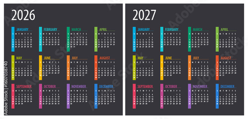 2025, 2026, 2027 Calendar - illustration. Template. Mock up