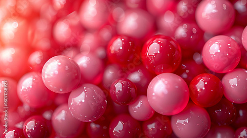 Abstract close-up of many glossy, vibrant pink and red spheres.