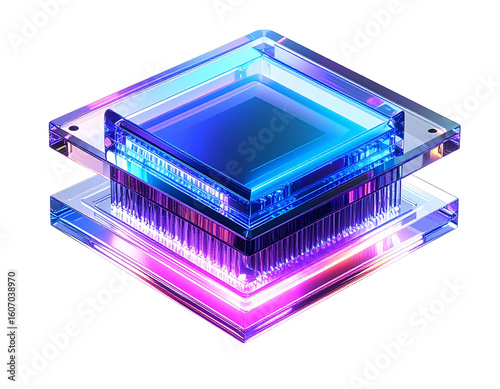 Isometric View of Crystal AI Processor with Light Trails on White, PNG Transparent Background