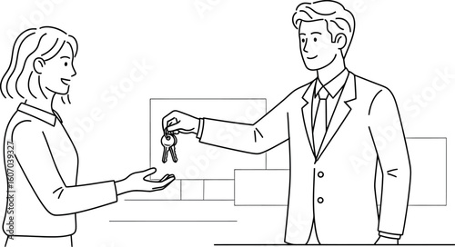 Real Estate Agent Handing Keys to Client Line Art Illustration