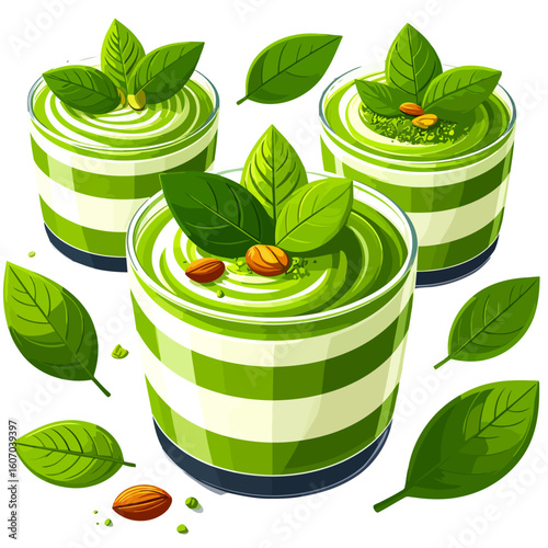 Striped green matcha or pistachio mousse desserts in glasses, garnished with fresh mint leaves and whole almonds.