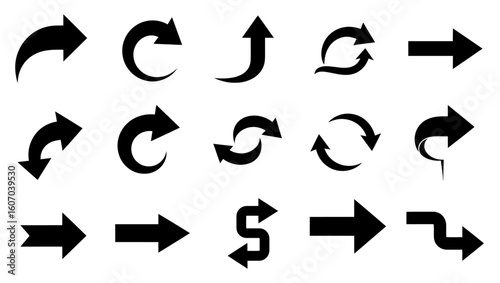 A collection of various black arrow silhouettes vector.