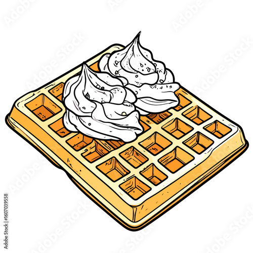 Golden Belgian waffle with whipped cream topping, illustrated in a bold graphic style.
